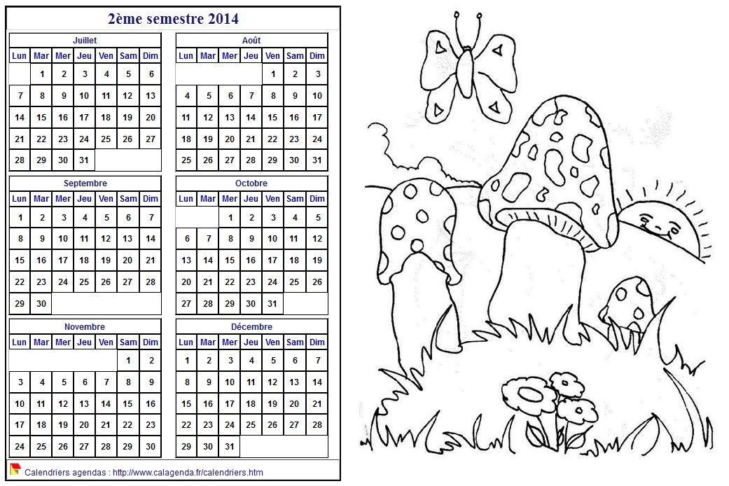 Calendrier 2014 à colorier semestriel, format paysage, pour enfants