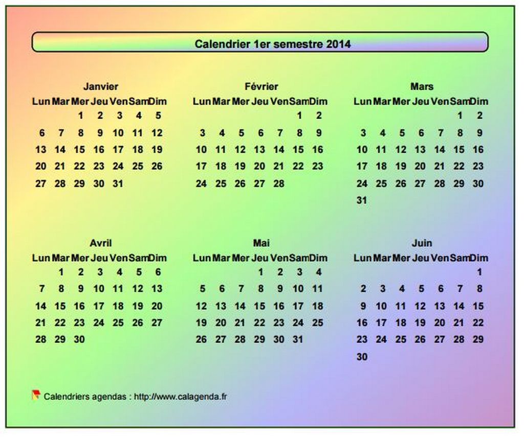 Calendrier 2014 semestriel style arc en ciel