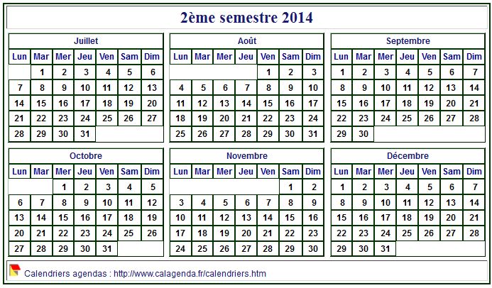 Calendrier 2014 à imprimer, semestriel, format mini de poche, fond blanc