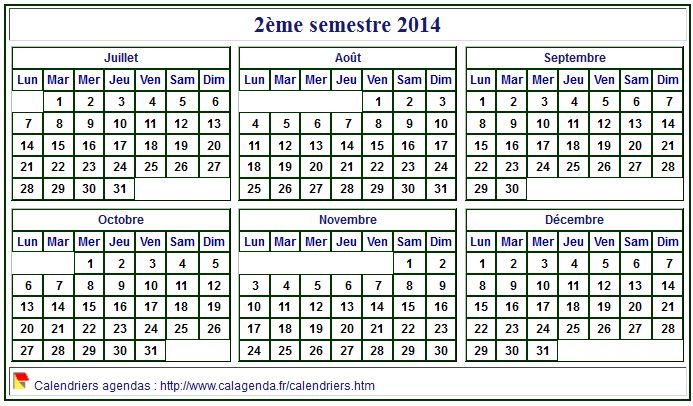 Calendrier 2014 à imprimer, semestriel, format mini de poche, fond blanc