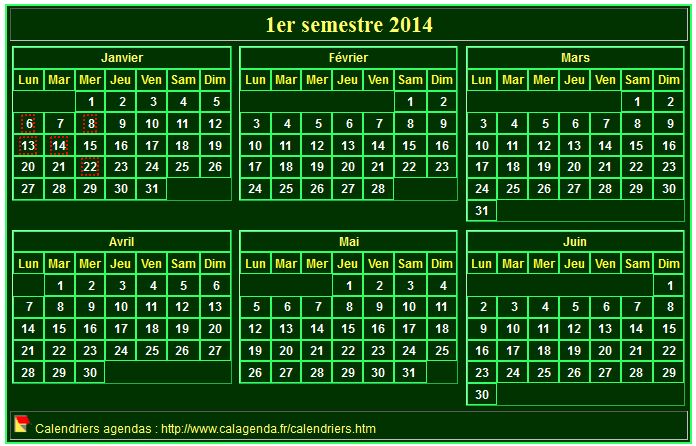 Calendrier 2014 à imprimer, semestriel, format mini de poche, fond vert