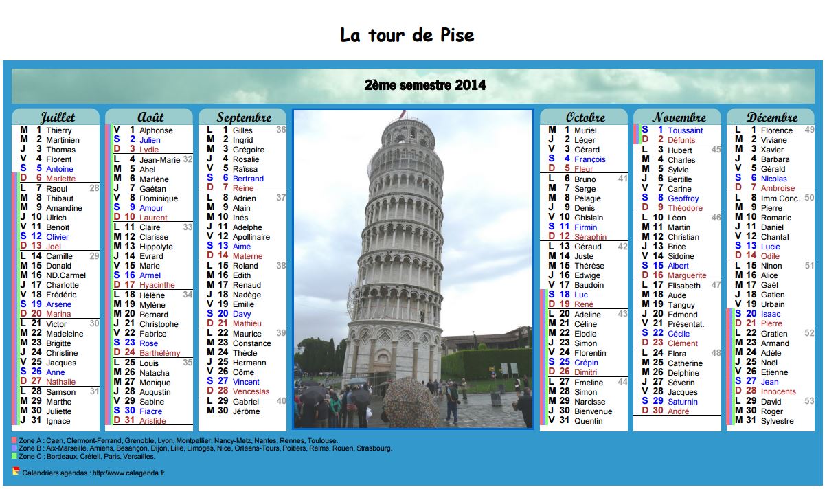 Calendrier 2014 semestriel en colonnes avec photo au centre