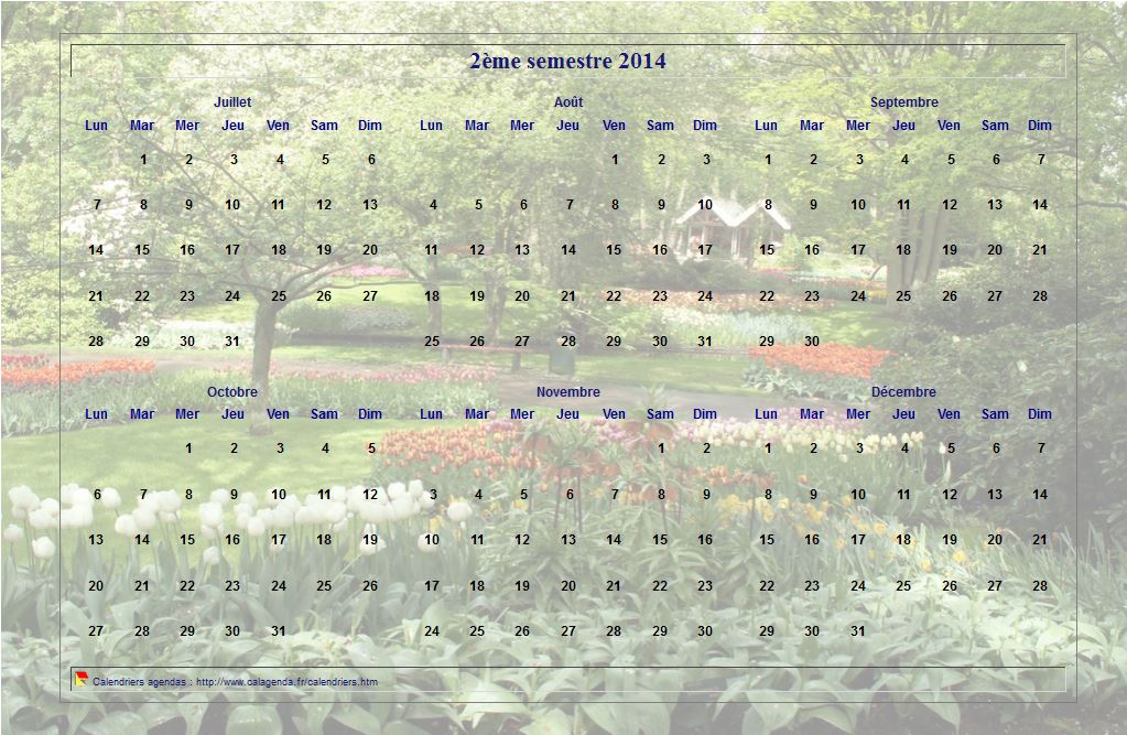 Calendrier 2014 à imprimer semestriel, format paysage, avec photo en fond de calendrier