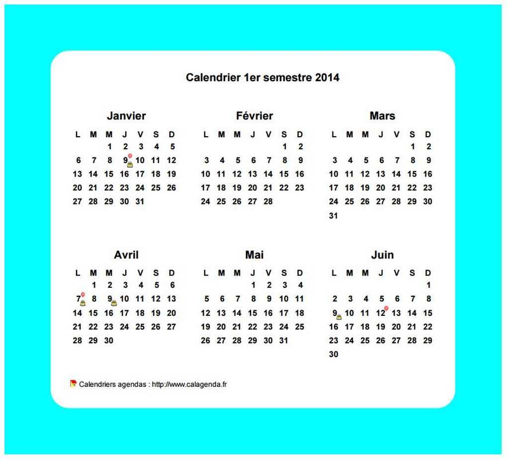 Calendrier 2014 semestriel avec bordure