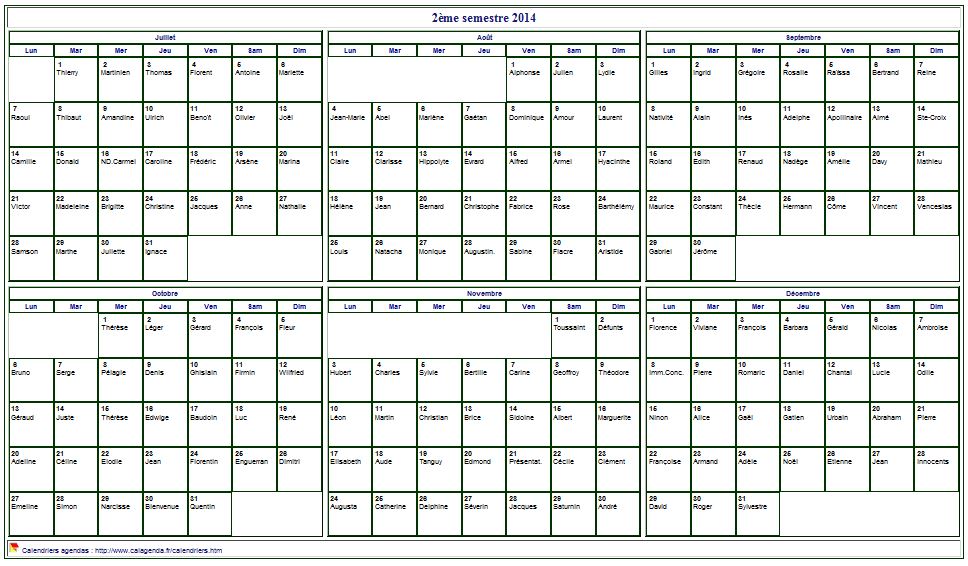 Calendrier 2014 à imprimer semestriel, format paysage, avec les fêtes