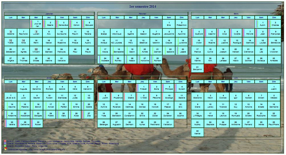 Calendrier 2014 à imprimer semestriel, format paysage, avec photo