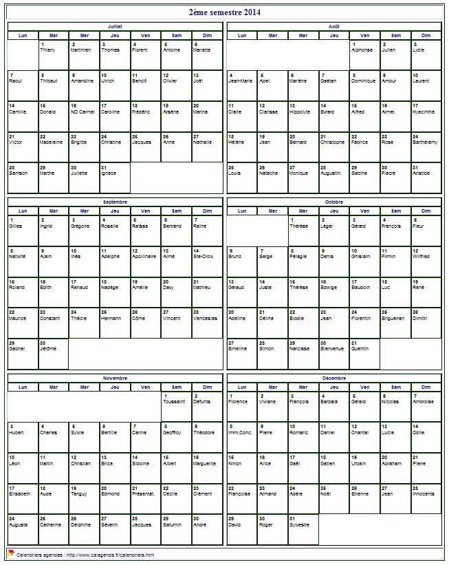 Calendrier 2014 à imprimer semestriel, format portrait, avec les fêtes