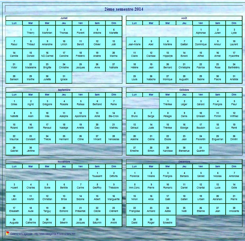 Calendrier 2014 à imprimer semestriel, format portrait, avec photo en fond de calendrier