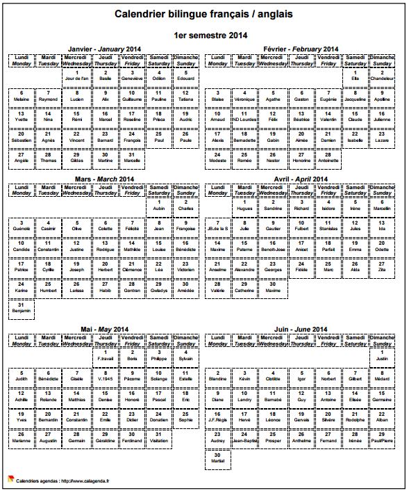 Calendrier 2014 semestriel français anglais