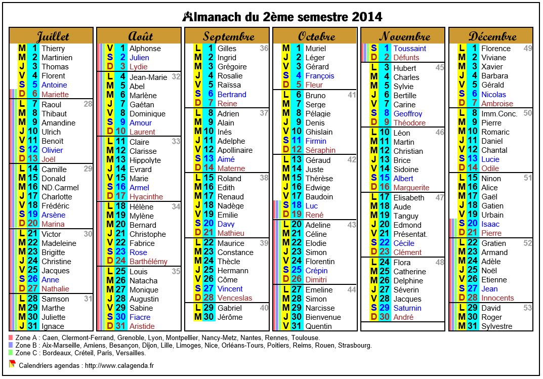 Calendrier 2014 semestriel six colonnes de format paysage