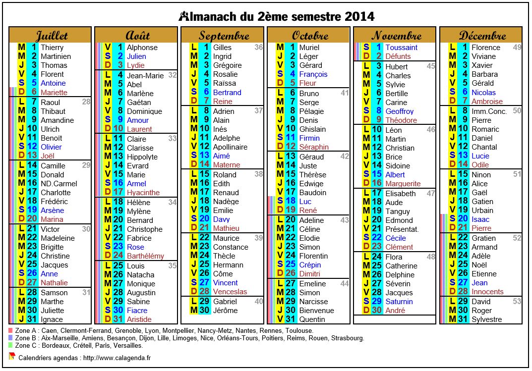 Calendrier 2014 semestriel six colonnes de format paysage