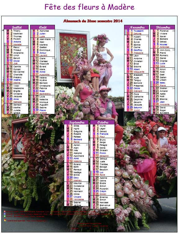 Calendrier 2014 semestriel fête des fleurs à Madère