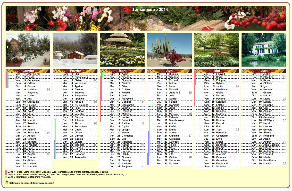 Calendrier 2014 semestriel en colonnes avec une photo différente chaque mois