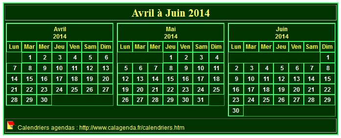 Calendrier 2014 à imprimer trimestriel, format mini de poche, fond vert