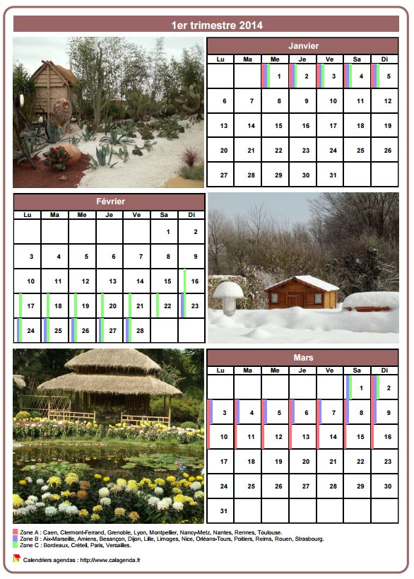 Calendrier 2014 trimestriel avec une photo différente chaque mois