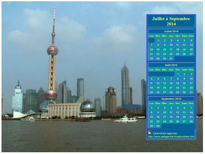 Calendrier 2014 à imprimer trimestriel, format paysage, au dessus de la partie droite d'une photo (Shangaï).