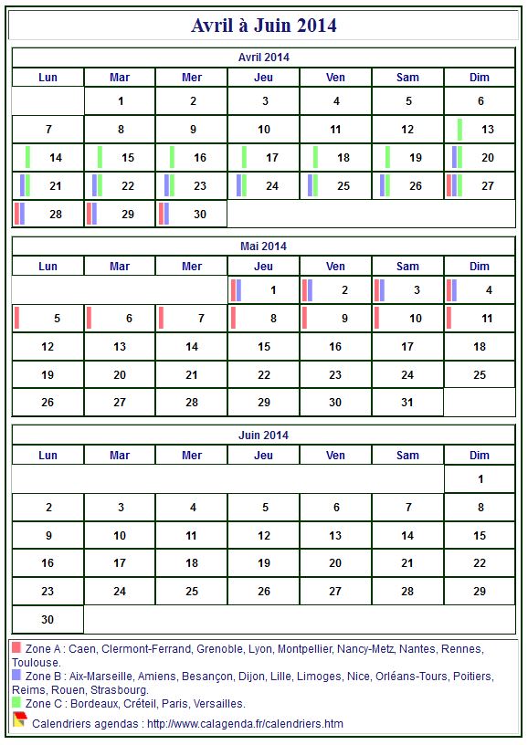 Calendrier 2014 à imprimer trimestriel, format mini de poche, avec les vacances scolaires