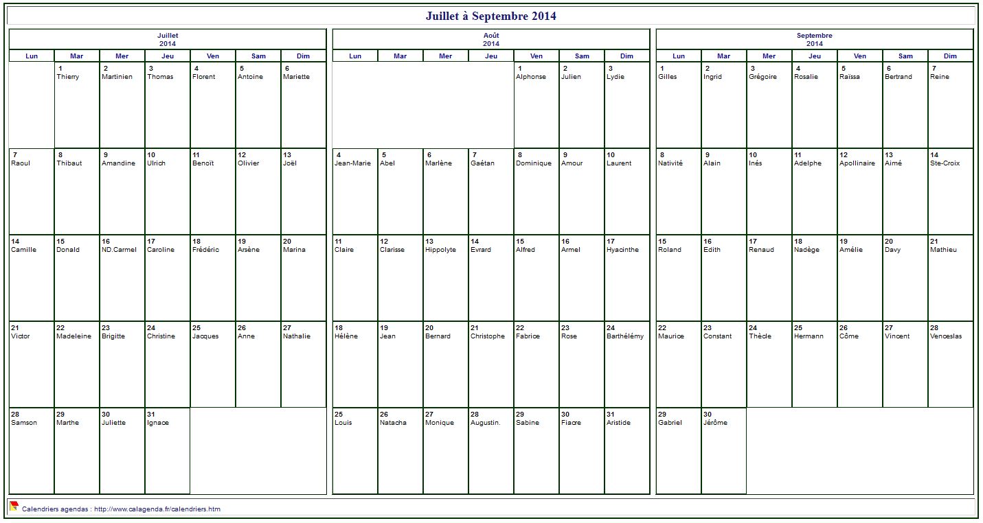 Calendrier 2014 à imprimer trimestriel, format paysage, avec les fêtes