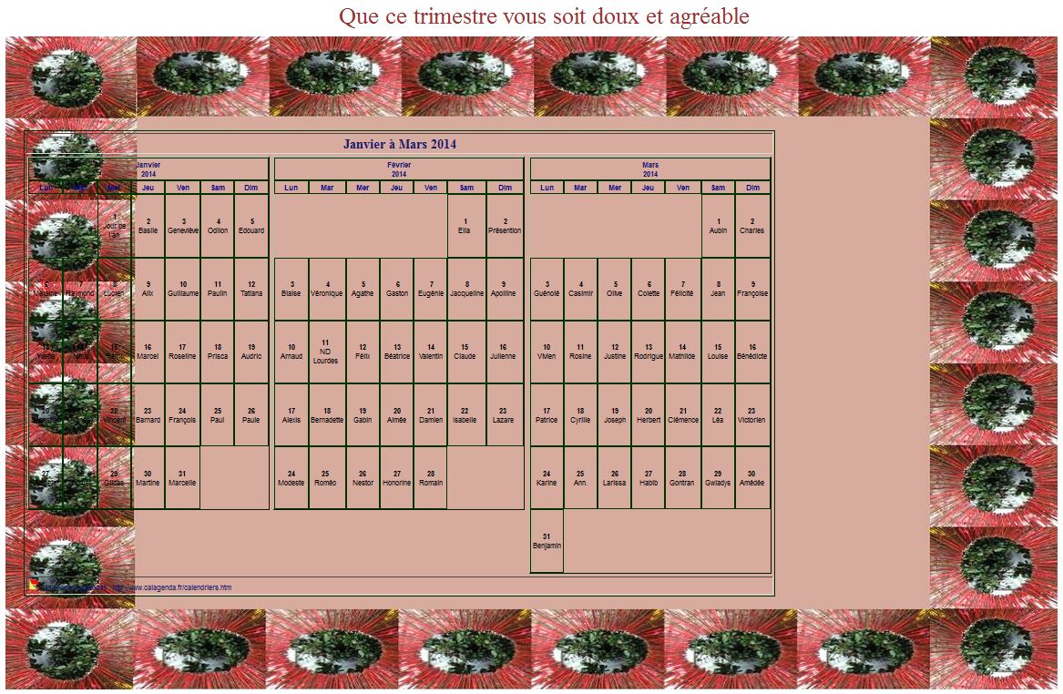 Calendrier 2014 à imprimer décoratif trimestriel, format paysage, avec un cadre photo