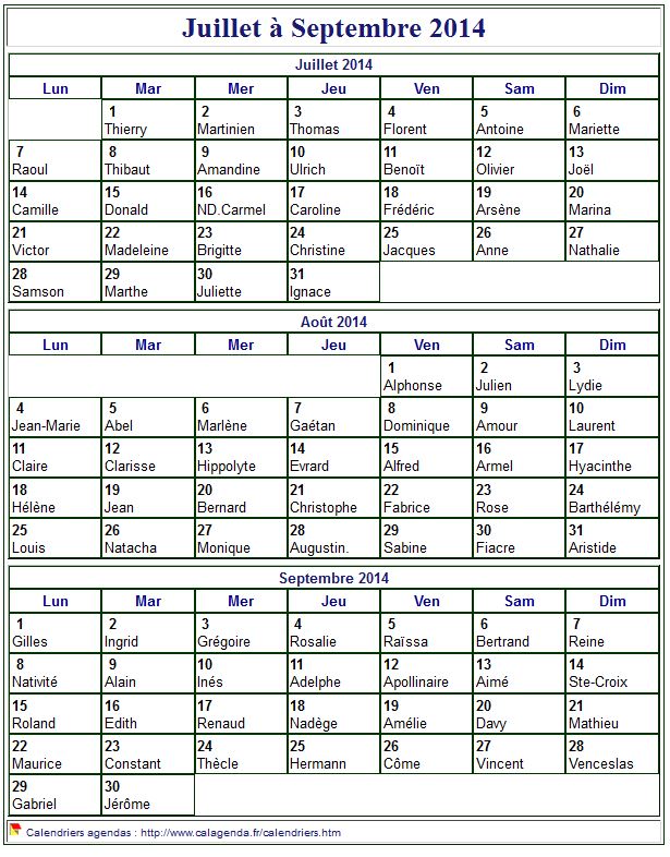 Calendrier 2014 à imprimer trimestriel, format portrait, avec les fêtes et les vacances scolaires