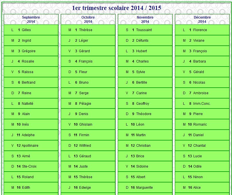Modèle par défaut du calendrier agenda trimestriel scolaire, une colonne par mois