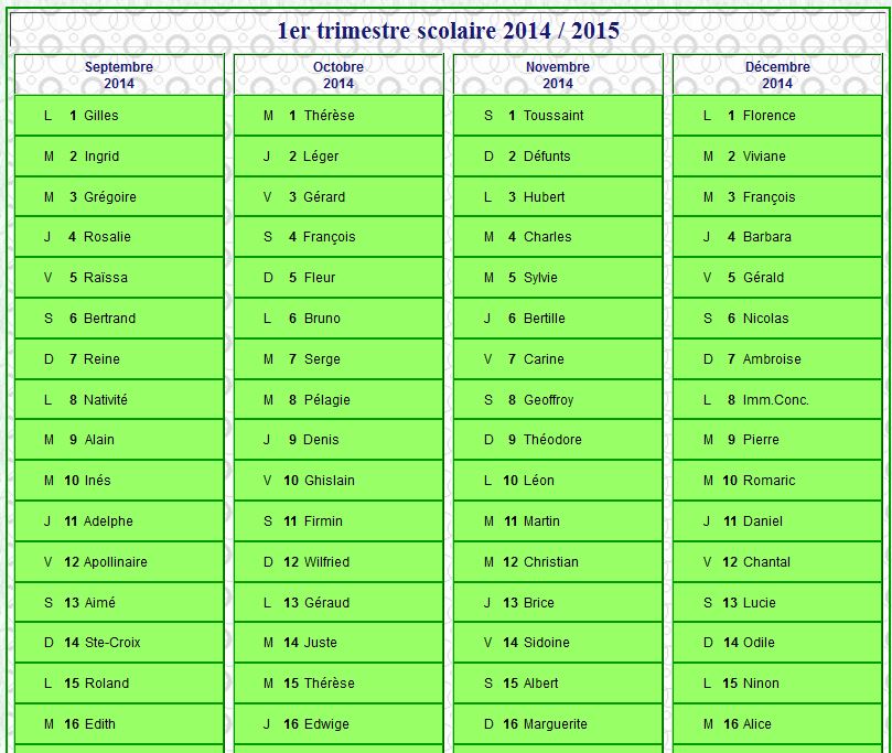 Modèle par défaut du calendrier agenda trimestriel scolaire, une colonne par mois