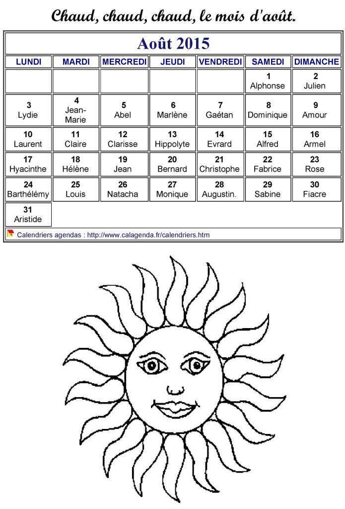 Calendrier 2015 à colorier du mois d'août