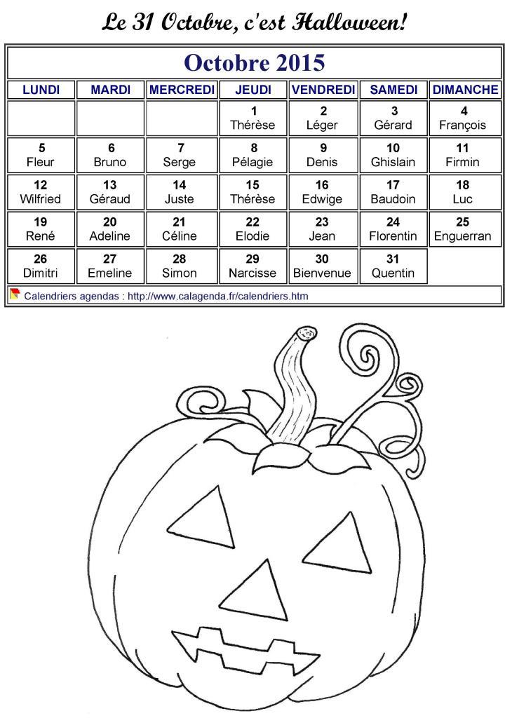 Calendrier 2015 à colorier du mois d'octobre