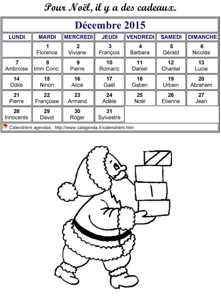 Calendrier 2015 à colorier du mois de décembre
