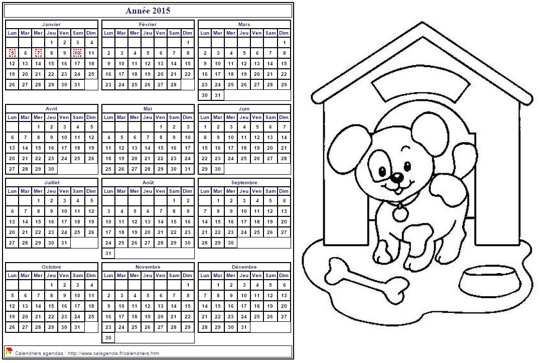 Calendrier 2015 à colorier annuel, format paysage, pour enfants