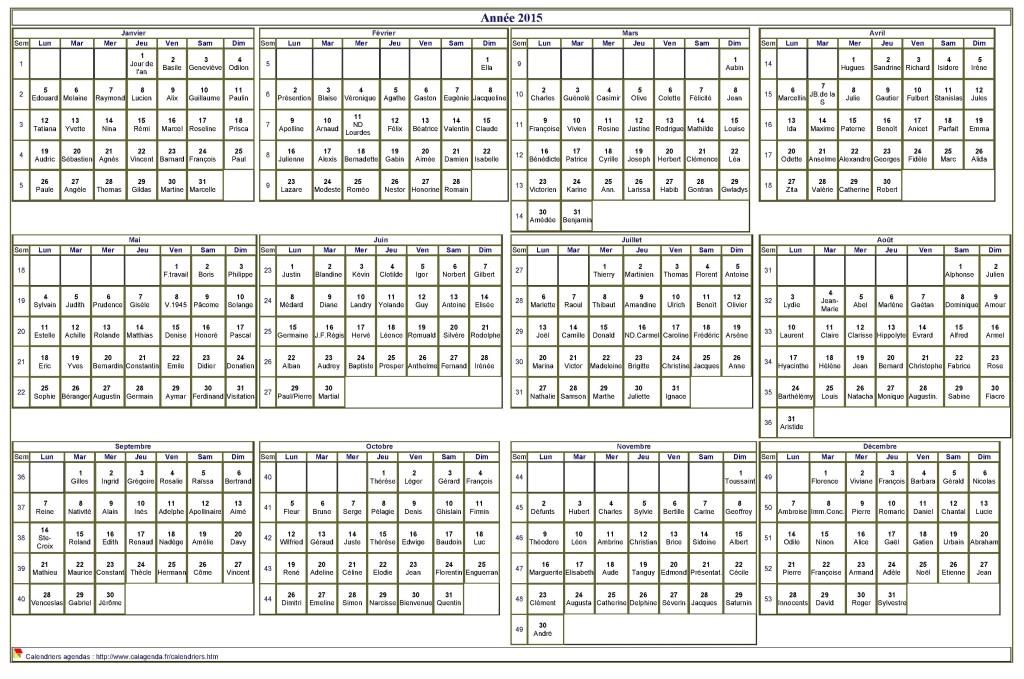 Calendrier 2015 à imprimer, annuel avec les fêtes, format paysage, sous-main ou mural