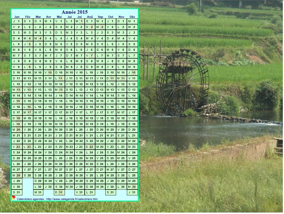 Calendrier 2015 annuel à imprimer, une colonne par mois, format paysage, placé sur une photographie