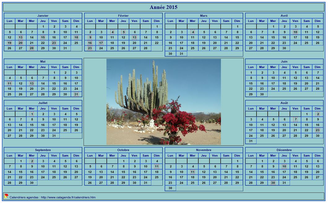 Calendrier 2015 photo annuel à imprimer, fond cyan, format paysage, sous-main ou mural