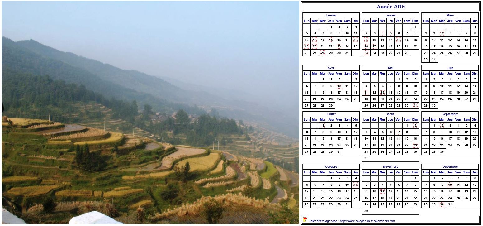 Calendrier 2015 annuel à imprimer, format paysage, une ligne par trimestre, à droite d'une photo