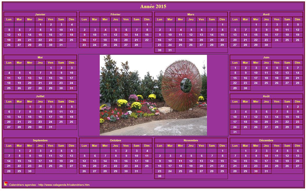 Calendrier 2015 photo annuel à imprimer, fond rose, format paysage, sous-main ou mural