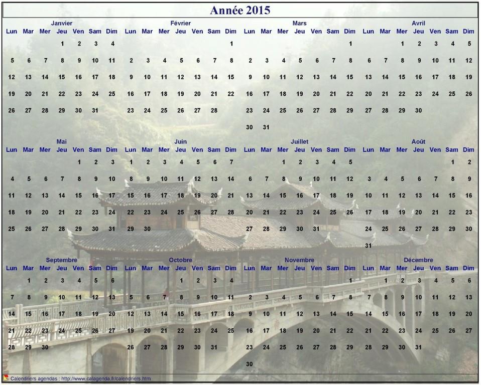 Calendrier 2015 annuel à imprimer, format paysage, quatre colonnes par trois lignes, par dessus une photo