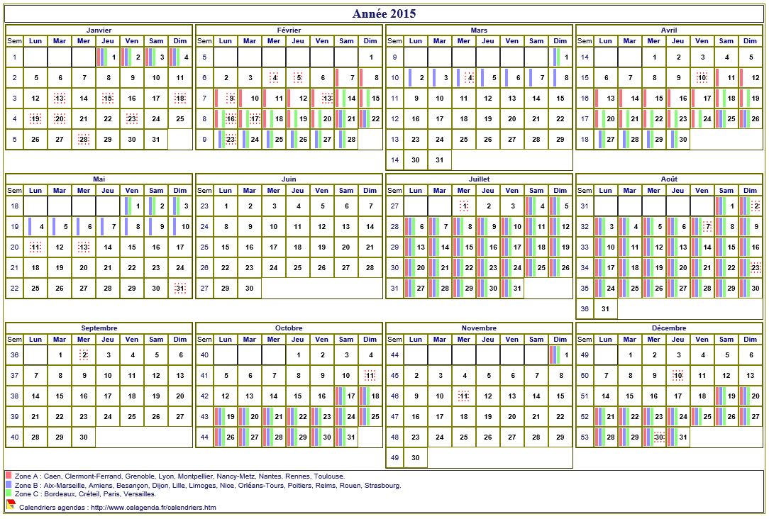 Calendrier 2015 annuel à imprimer, avec les vacances scolaires, format paysage