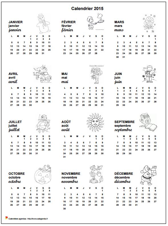 Calendrier 2015 annuel école primaire et maternelle