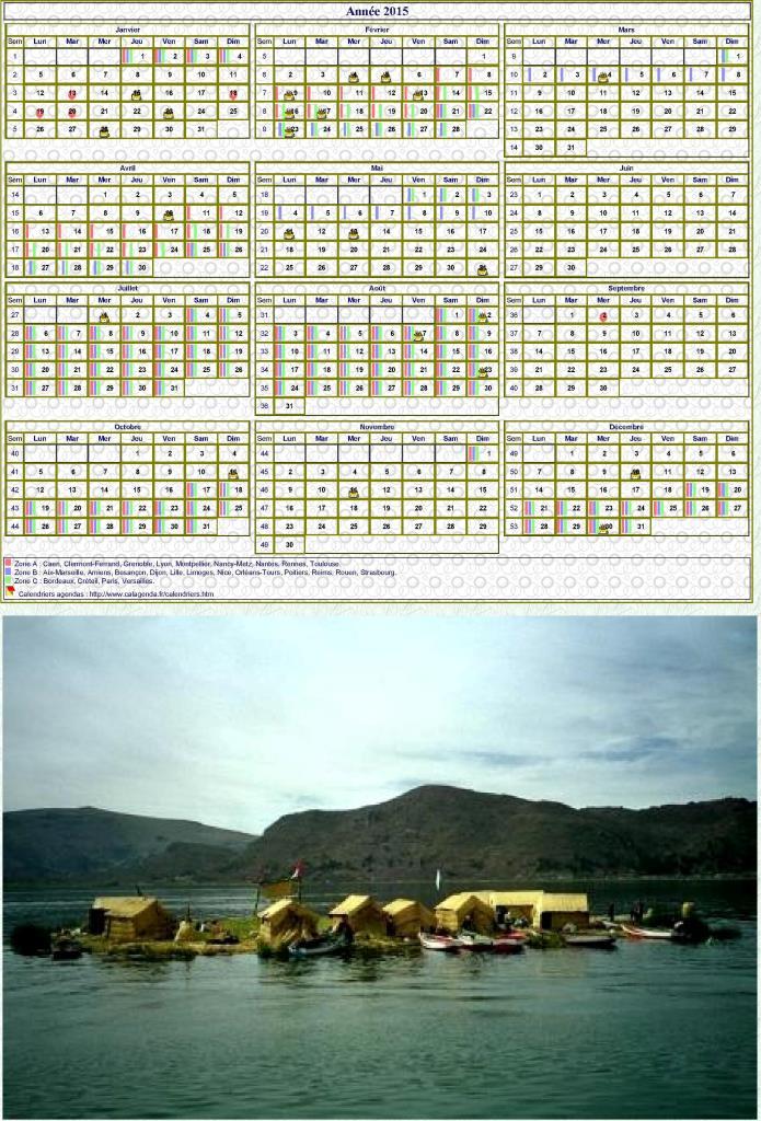 Calendrier 2015 annuel, 3 colonnes, une ligne par trimestre (format portrait avec photo)