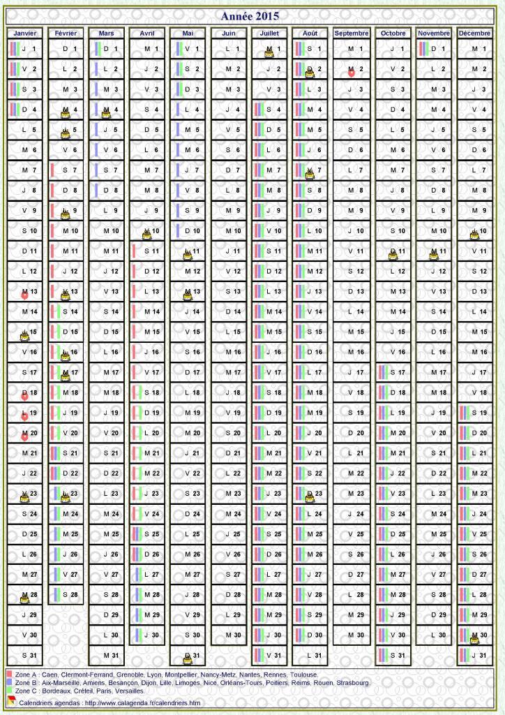 Calendrier 2015 annuel de 12 colonnes, avec agenda synthétique