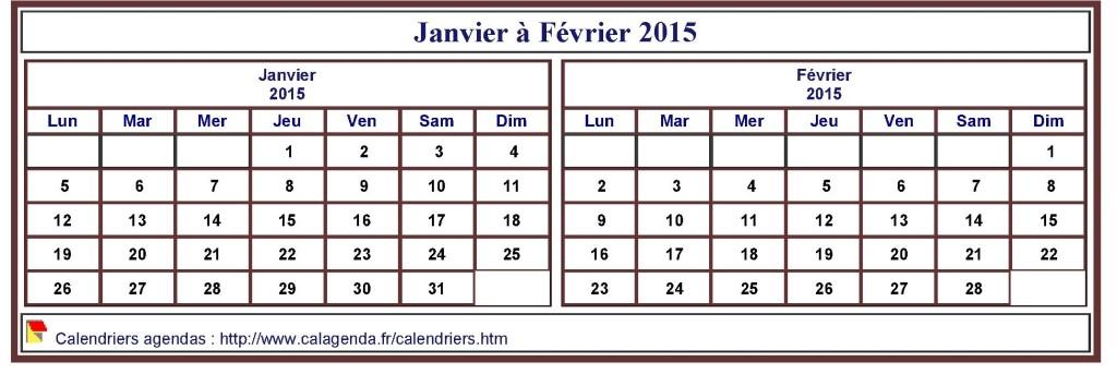 Calendrier 2015 à imprimer bimestriel, format mini de poche, horizontal, fond blanc