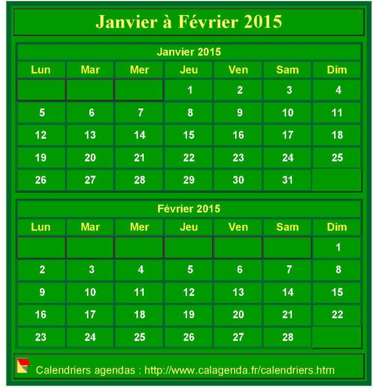 Calendrier 2015 à imprimer bimestriel, format mini de poche, vertical, fond vert