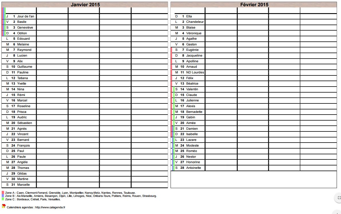 Calendrier 2015 planning bimestriel vierge, format portrait, 4 colonnes, avec les fêtes