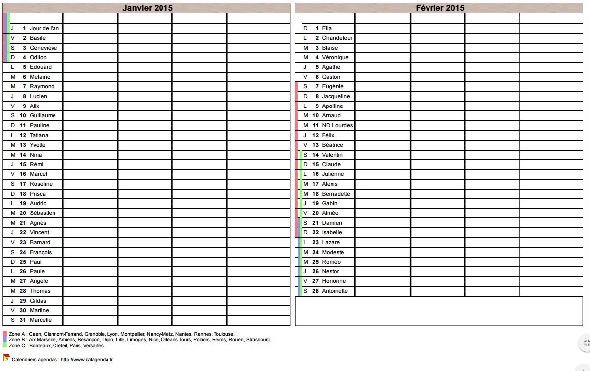 Calendrier 2015 planning bimestriel vierge, format portrait, 4 colonnes, avec les fêtes