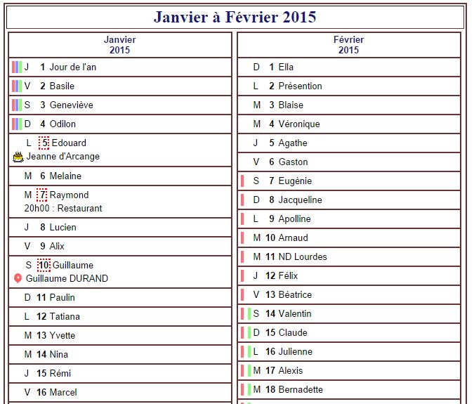 Calendrier 2015 bimestriel avec agenda détaillé, format portrait, une colonne par mois