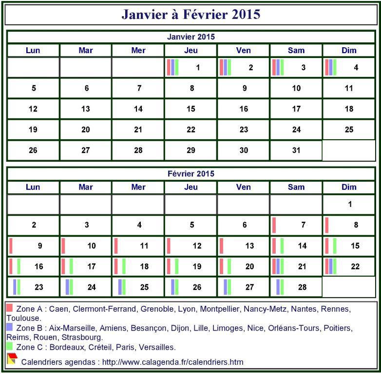 Calendrier 2015 à imprimer bimestriel, format mini de poche, avec les vacances scolaires