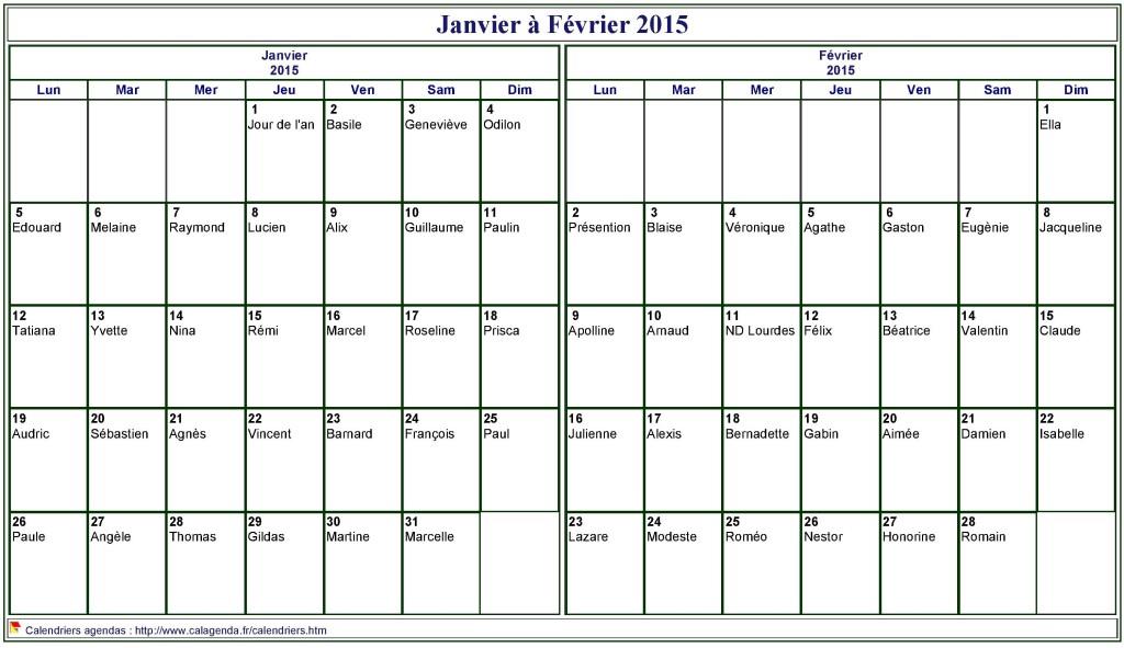 Calendrier 2015 bimestriel, format paysage, avec les fêtes