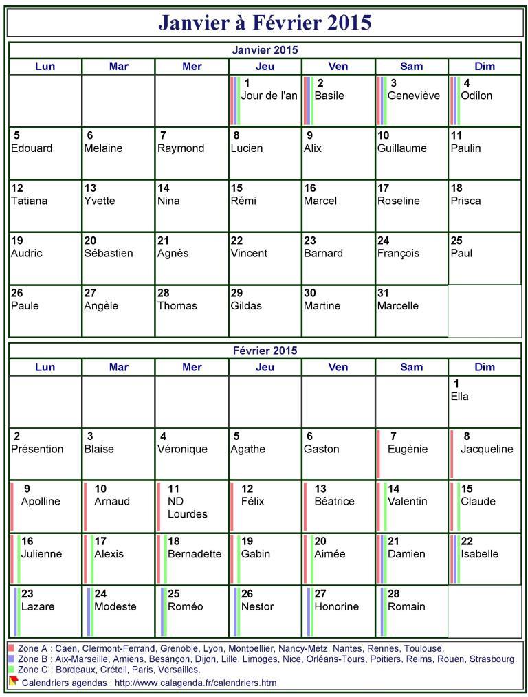 Calendrier 2015 bimestriel, format portrait, avec les fêtes et les vacances scolaires