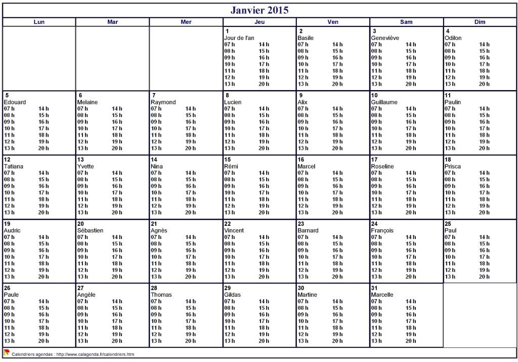 Calendrier mensuel 2015 à imprimer vierge, avec les horaires dans chaque case