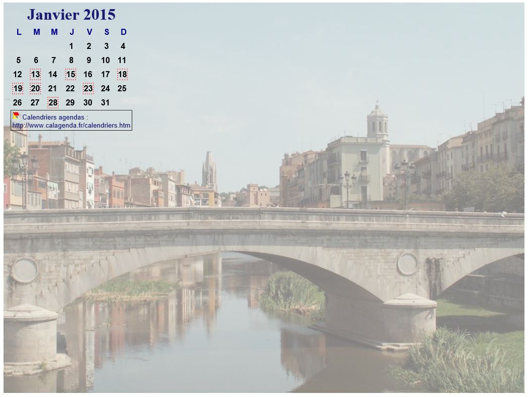 Calendrier mensuel 2015 à imprimer, incrusté en haut à gauche d'une photo